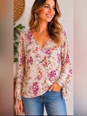 31 Maeve by Anthropologie Floral Boho Peasant Blouse Medium Tie Sleeve Pink Top